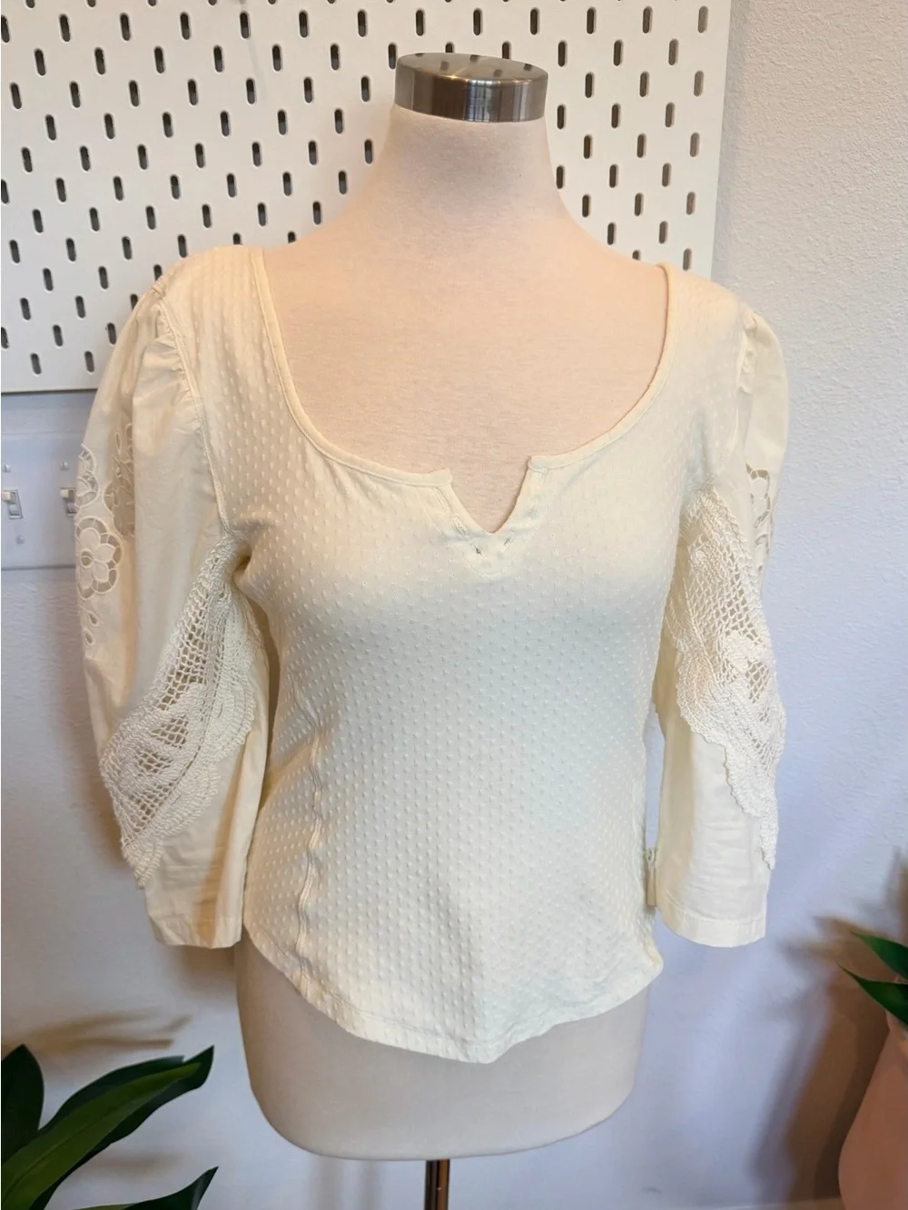 Free People Brunch Date Top Ivory Crochet Lace Boho Size L
